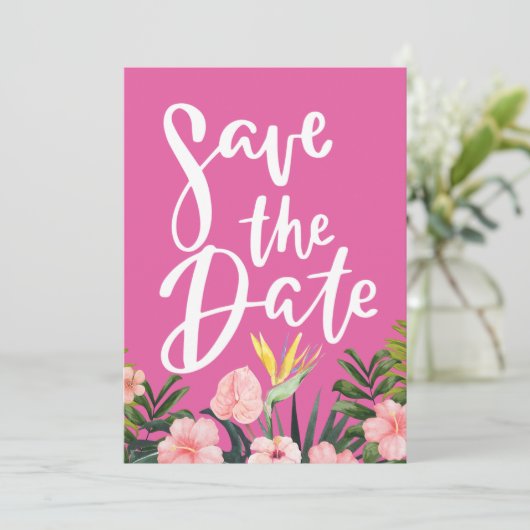 Tropische bloemen strand en bestemming bruiloft save the date (Staand voorkant)