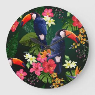Tropische bloemen, toucan: bloemenachtergrond. grote klok