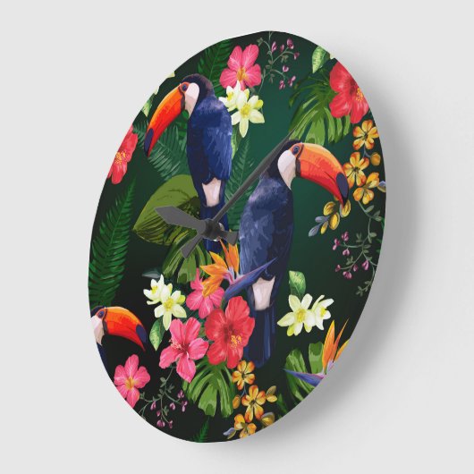 Tropische bloemen, toucan: bloemenachtergrond. grote klok (Hoek)