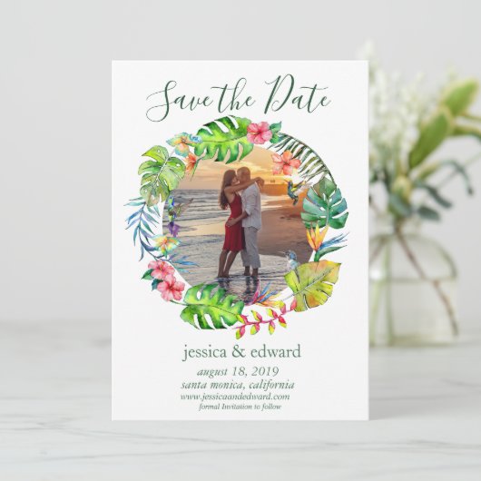 Tropische Bloemen Waterverf krans Hawaii Foto Save The Date (Staand voorkant)