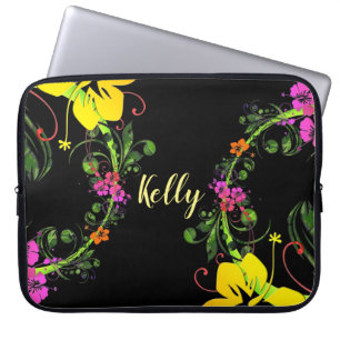 Tropische bloemenhibiscus zwart roze geel groen laptop sleeve