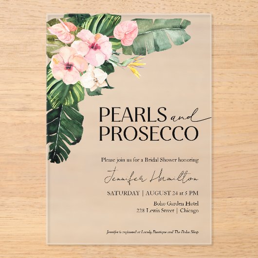Tropische bloemenparels en Prosecco-Vrijgezellenfe Acryl Uitnodigingen (Voorkant)
