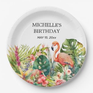 Tropische Bloemige Flamingo Gelukkige Verjaardag N Papieren Bordje