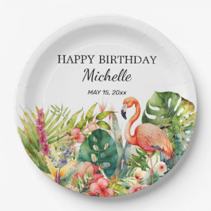 Tropische Bloemige Flamingo Gelukkige Verjaardag N Papieren Bordje