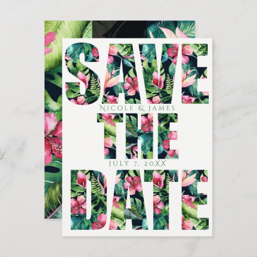 Tropische bloemige Hawaiaanse trouw Save the Date Aankondigingskaart (Voorkant / Achterkant)