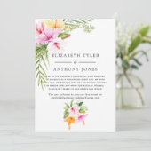 Tropische bloemige strandbruiloft beperkte gastenl aankondiging (Staand voorkant)