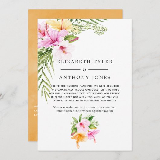 Tropische bloemige strandbruiloft beperkte gastenl aankondiging (Voorkant / Achterkant)