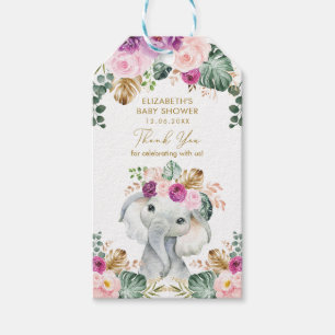 Tropische Blush Paarse Bloemen Olifant Baby shower Cadeaulabel