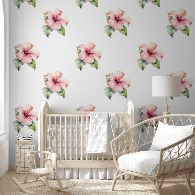 Tropische Blush Roze Hibiscus Bloemen Behang (Kinderen)