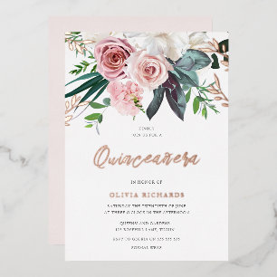 Tropische Blush Roze Rozen Quinceanera Feest Folie Uitnodiging