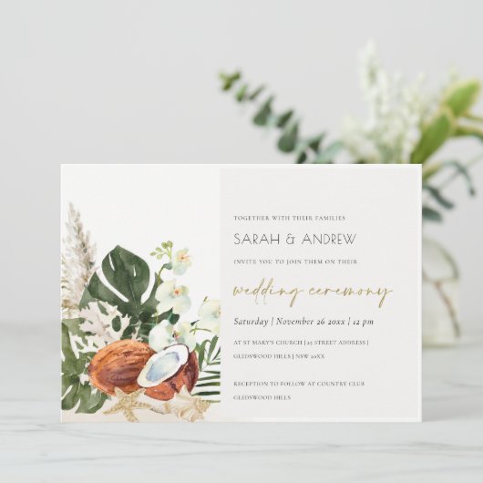 Tropische Boho Coconuts Orchids Palm Wedding Invit Bedankkaart (Staand voorkant)