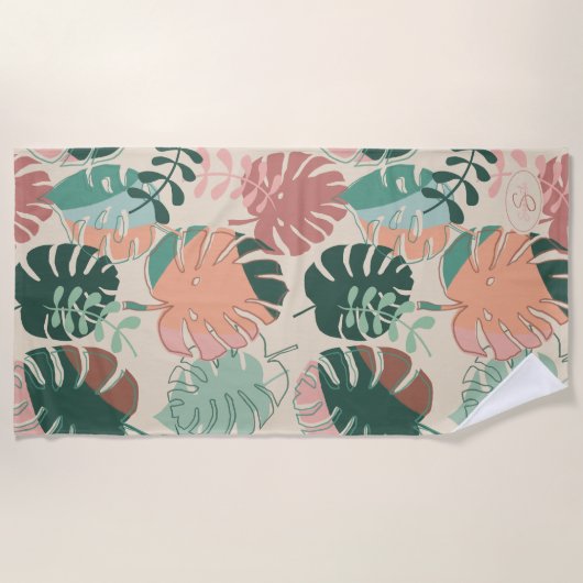 Tropische Boho Monstera Monogrammed Strandlaken (Voorkant)