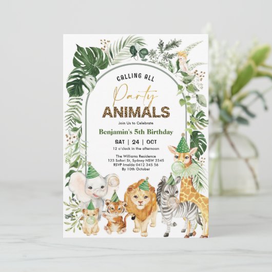 Tropische Boho Party Animals Safari Boy Birthday Kaart (Staand voorkant)