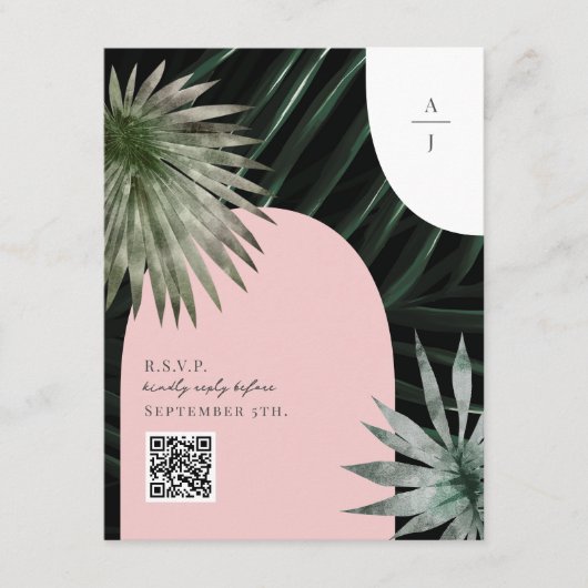 Tropische Boogschutters Palm Leaf Monogram Bruilof Informatiekaartje (Voorkant)