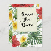 Tropische botanische bladeren bloemige Aloha datum Aankondigingskaart (Voorkant / Achterkant)