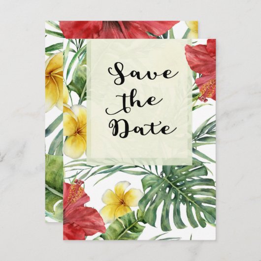 Tropische botanische bladeren bloemige Aloha datum Aankondigingskaart (Voorkant / Achterkant)