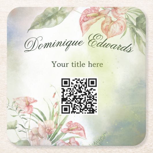 Tropische Botanische Bloem QR Code Elegant Stijlvo Vierkante Kartonnen Onderzetter (Voorkant)