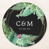 Tropische Botanische bruiloft Monogram en datum Ronde Kartonnen Onderzetter (Voorkant)