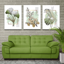 Tropische botanische wandkunst set van 3 – Pastel