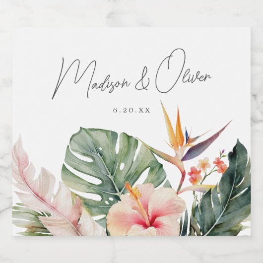 Tropische Botanische Waterverf Bestemming Bruiloft Sparkling Wijnetiket (Enkel label)