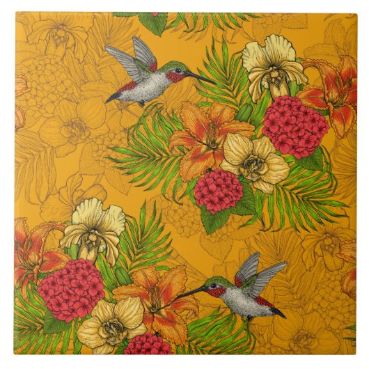 Tropische bouquet en kolibrie 2 tegeltje (Voorkant)