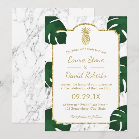 Tropische bruiloft Gold Pineapple White marble Kaart (Voorkant / Achterkant)