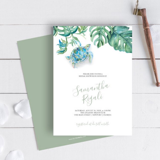 Tropische Bruiloft Uitnodigingen aan te passen (Tropical Bridal Shower Invitation Sea Turtle watercolor sea turtle, palm leaves Victoria Grigaliunas)