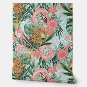 Tropische Cheetah en Flamingo Floral Wallpaper Behang