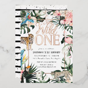 Tropische Chic Roze Wild One Verjaardagsfeestje Folie Uitnodiging
