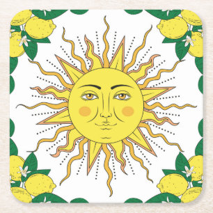 Tropische citroenvruchten, Sun Face. Vierkante Kartonnen Onderzetter