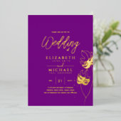 Tropische Disco Trouw Uitnodiging Goud Magenta Fol (Staand Voorkant)