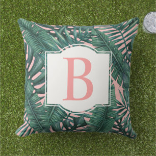 Tropische donkere palmblad blozende monogram initi buitenkussen