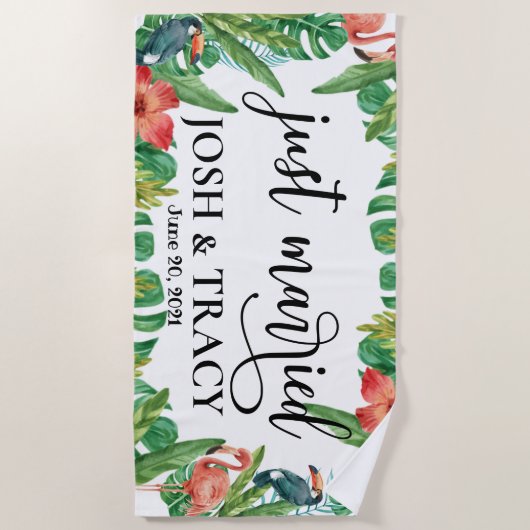 Tropische echtgenote en man, pas getrouwd op maat strandlaken (Voorkant)