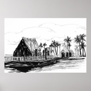Tropische Eiland Hutten Palmboom Totempaal Poster
