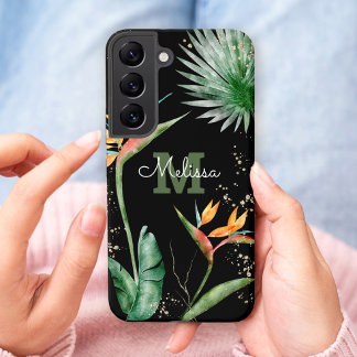 Tropische eilanden Floral Monogram Script Gold Bla Samsung Galaxy Hoesje
