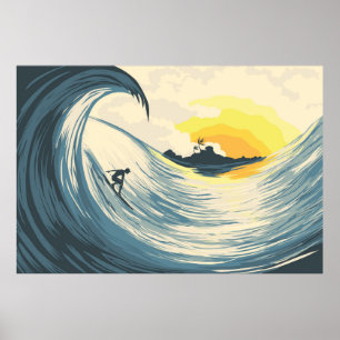 Tropische eilandgolf en surfer bij zonsondergang poster
