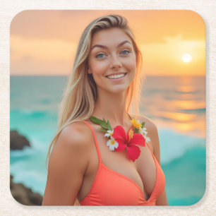 Tropische elegantie: Helena's Bikini-fotoshoot Vierkante Kartonnen Onderzetter