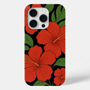 Tropische elegantie rode hibiscus op zwart iPhone 15 pro case