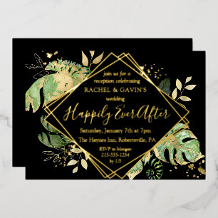Tropische Elopement Trouwreceptie Zwart & Goud Folie Uitnodiging