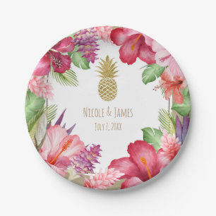 Tropische Exotische Bloemen & Gouden Ananas Elegan Papieren Bordje