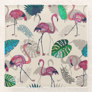 Tropische Fantasie: Flamingo Bladpatroon Glazen Onderzetter