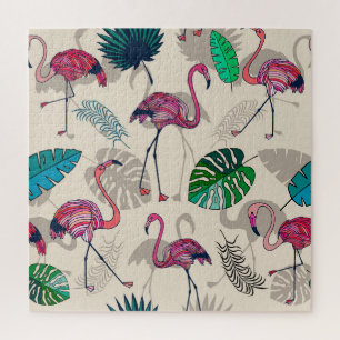 Tropische Fantasie: Flamingo Bladpatroon Legpuzzel