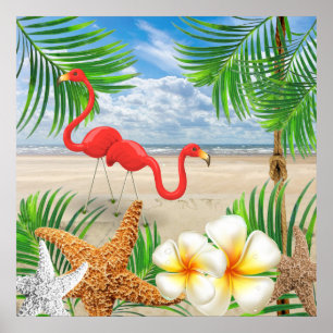 Tropische Flamingo Birds bij het strand Poster