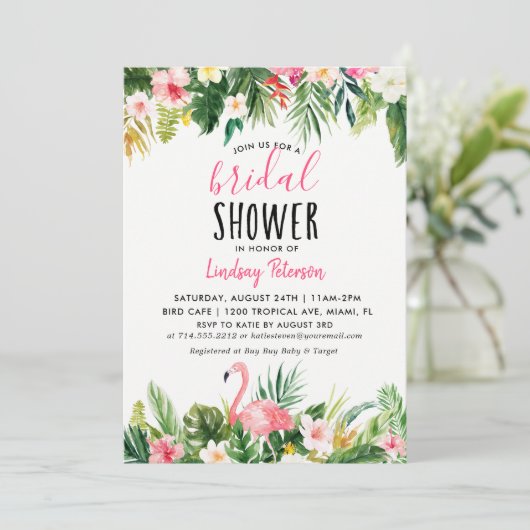 Tropische Flamingo Bruids Douche Uitnodiging Kaart (Staand voorkant)