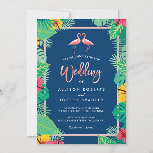 Tropische Flamingo Couples Navy Blue Wedding Kaart (Voorkant)