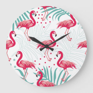 Tropische flamingo en bladeren, zomerpatroon. grote klok