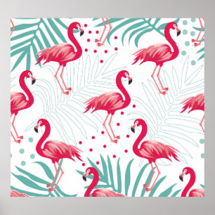 Tropische flamingo en bladeren, zomerpatroon. poster