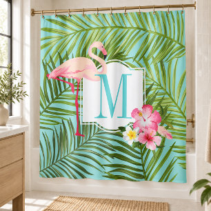 Tropische Flamingo en Hibiscus Bloemen Monogram Douchegordijn