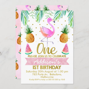 Tropische Flamingo First Birthday Invitation Kaart