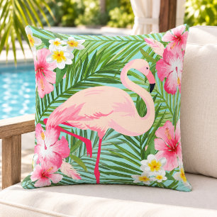 Tropische Flamingo Hibiscus Palm Aqua Buitenkussen